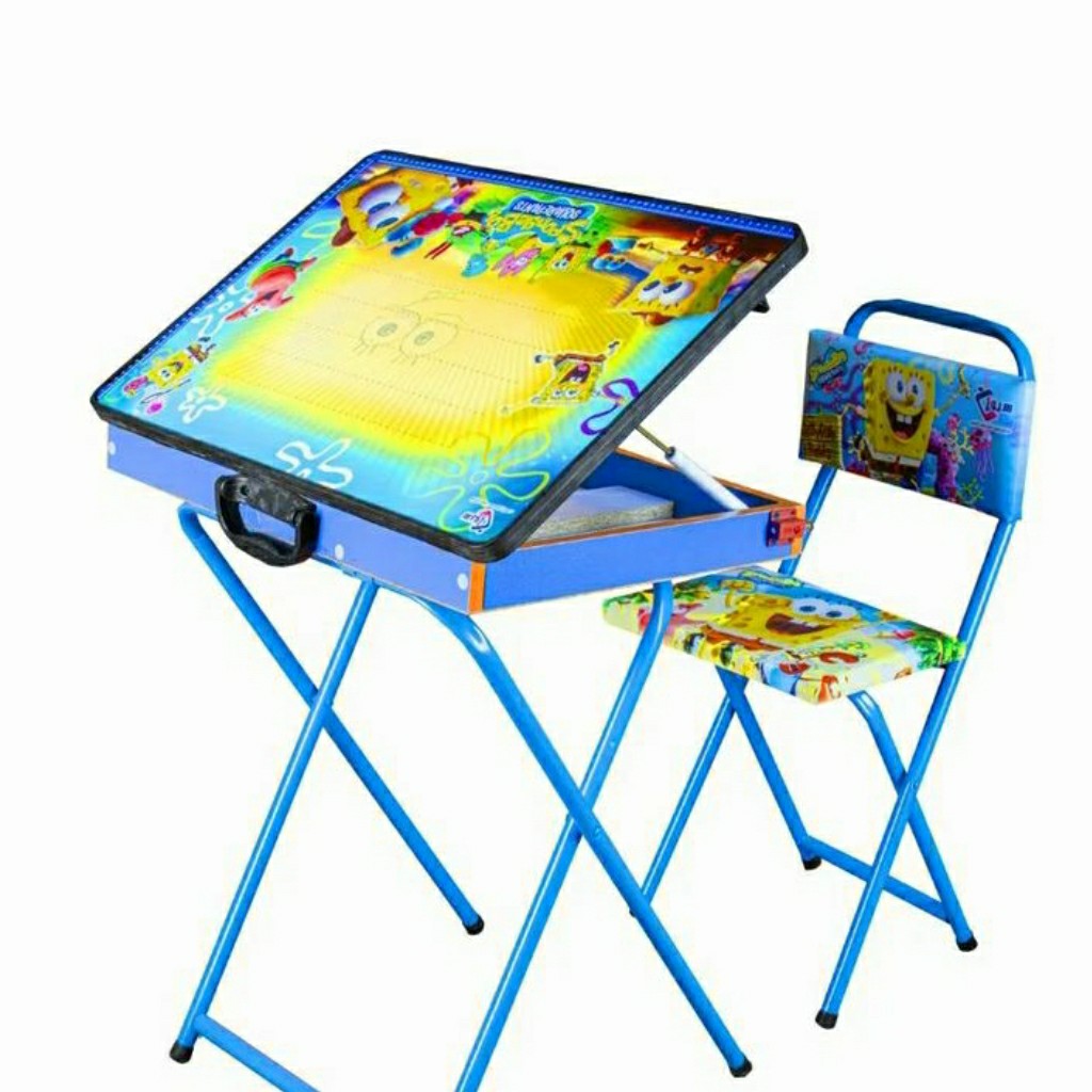 میز تحریر باکسدار با صندلی طرح باب اسفنجی با چاپ uv اکلیلی برجسته (مدل پایه رنگی) (با کارتون شکیل مخصوص میز و صندلی)