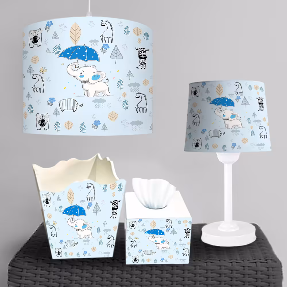 ست جعبه دستمال و ساعت اتاق نوزاد پسر طح بچه فیل با زمینه مینیمال جنگل BA-5403