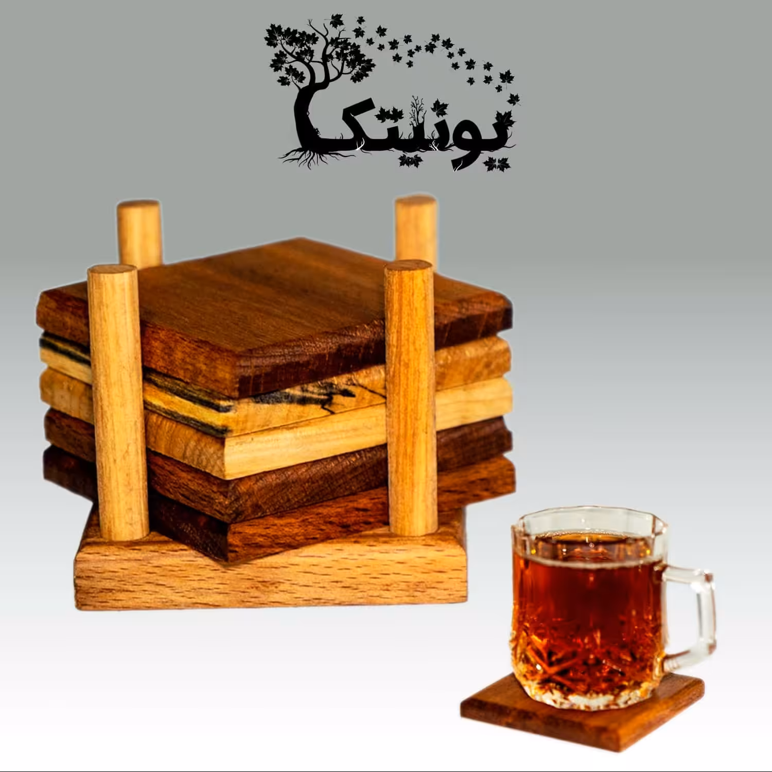 زیر لیوانی چوبی 6 تکه با نگهدارنده مخصوص چوبی یونیتک کد 91