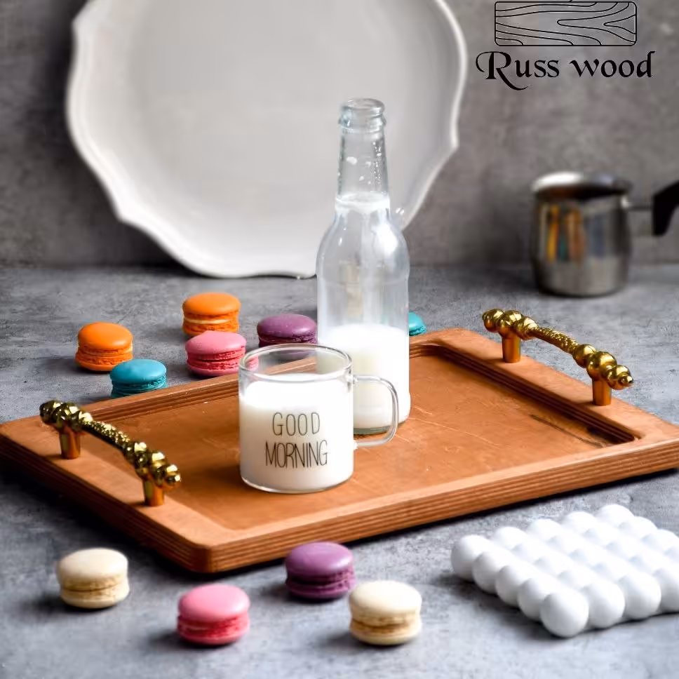 سینی چوبی مستطیل  دسته طلایی