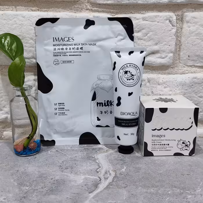 پک (3 عددی) کرم مرطوب کننده کاسه ای و آبرسان دست به همراه ماسک صورت ورقه ای شیر گاو