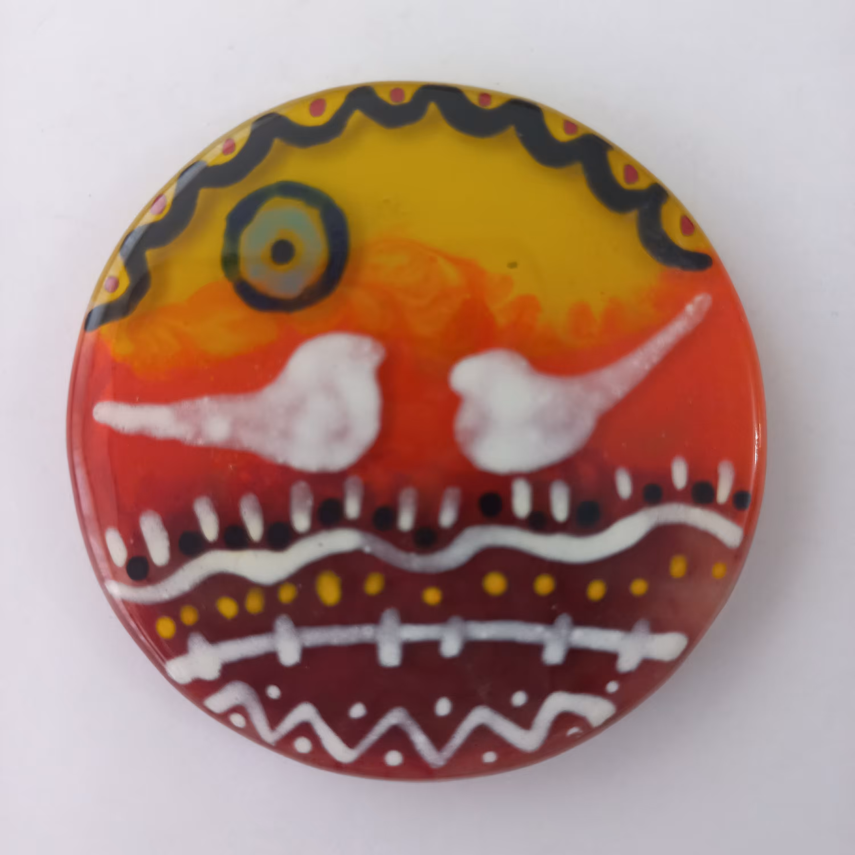 مگنت دستساز شیشه ای  دو  پرنده زمینه نارنجی از مجموعه زندگی سنتی