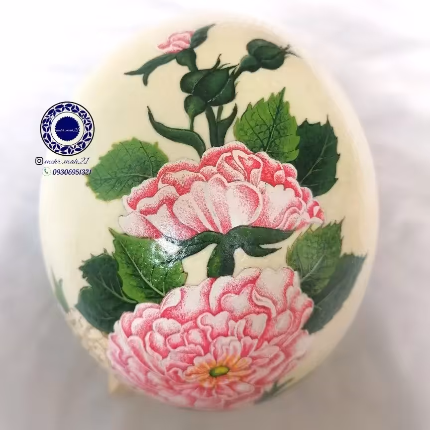 تخم شتر مرغ با طرح گل و مرغ نگارگری رنگ ثابت (پس کرایه)