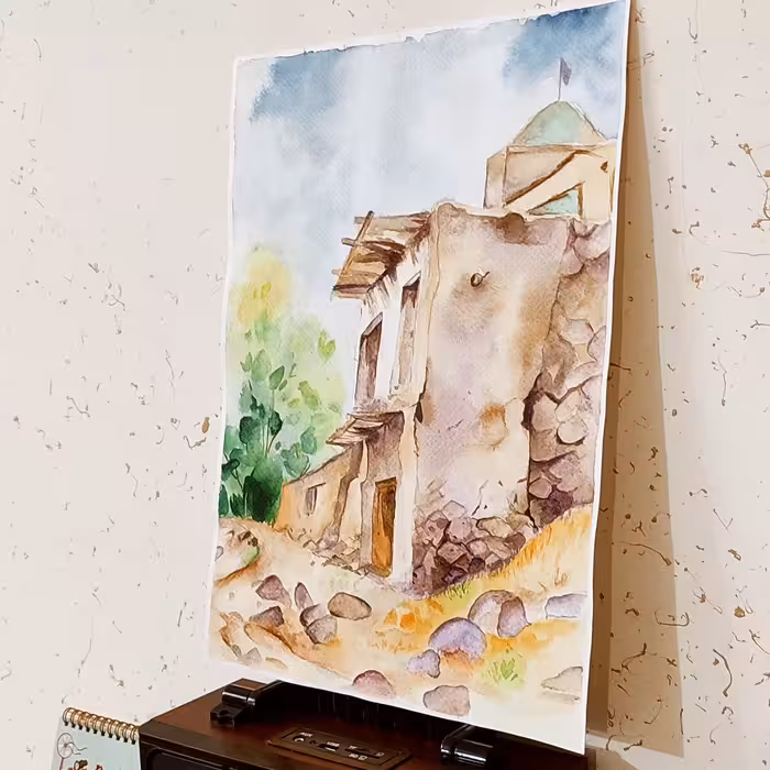 تابلو نقاشی آبرنگ خانه قدیمی ،اندازه آ3 ،با قاب چوبی قهوه ای سوخته