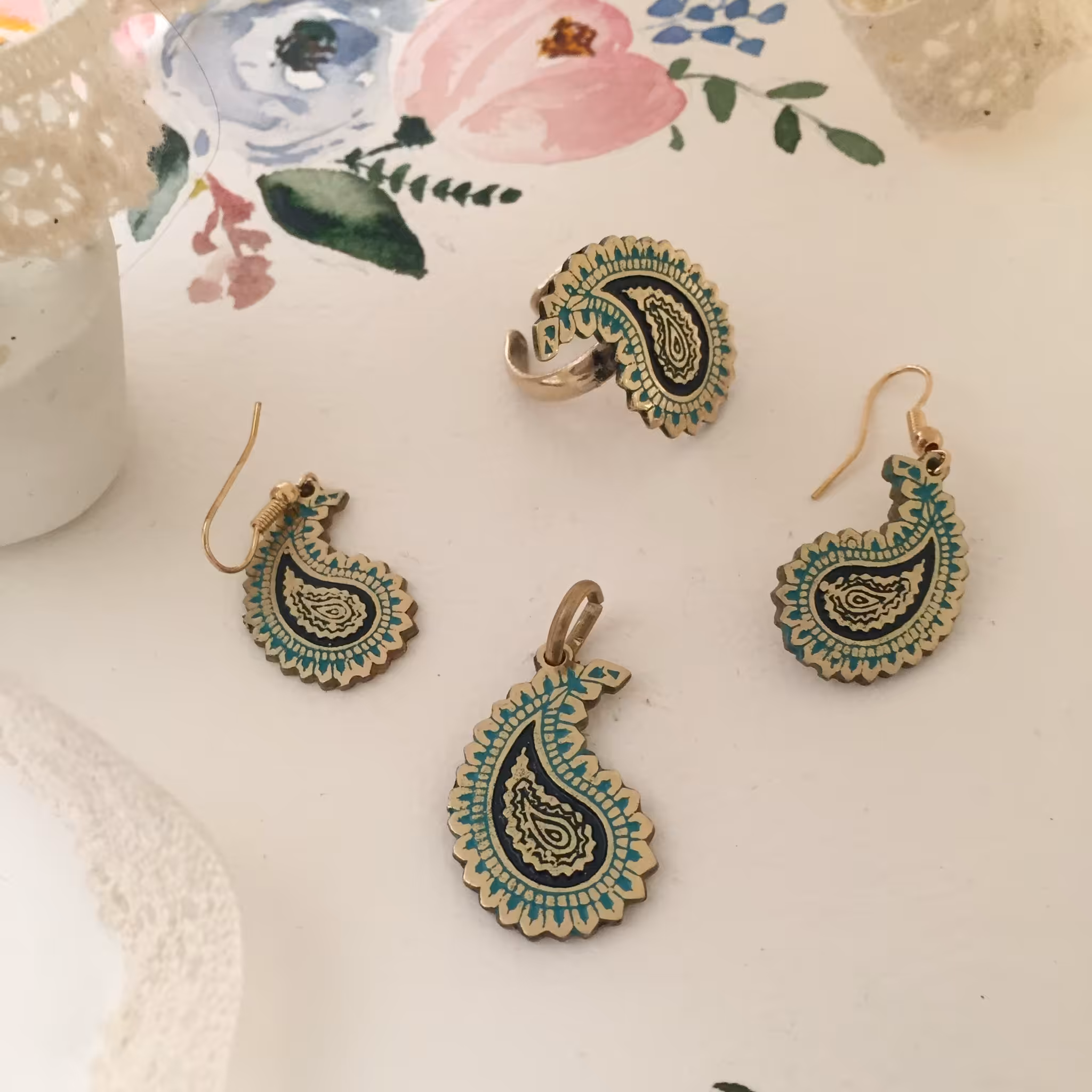 ست طلا روس ترمه سبز مشکی کد 021