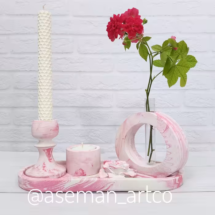 ست گلدان استند جاشمعی و شمع وارمر جاعودی جنس بتن پلیمری دارای رنگبندی
