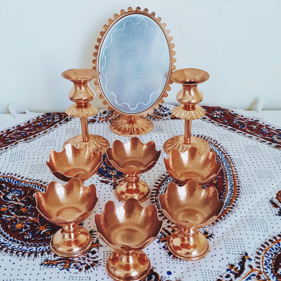 هفت سین  و آینه و شمعدان مسی  طرح گل  و  نانو شده با کیفیت و زیبا