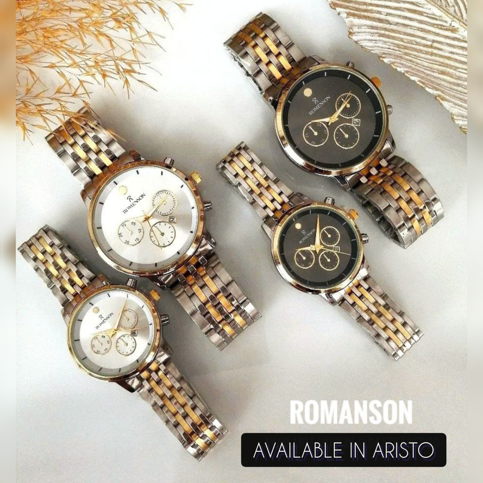 ساعت ست رومانسون(صفحه مشکی وصفحه نقره ای) بسیار شیک موتور شرکتی درجه 1 و بند استیل رنگ ثابت