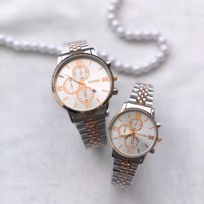 ساعت ست سیتیزن نقره ای رزگلد صفحه سفید