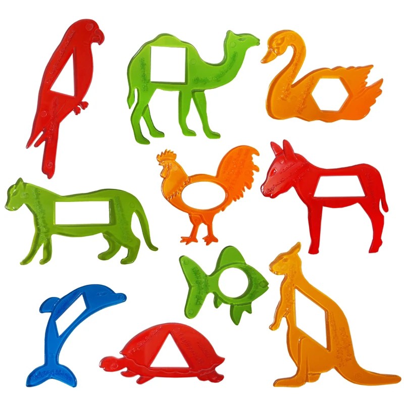 شابلون مدل کلبه حیوانات مجموعه 10 عددی،دارای اشکال هندسی در کنار اشکال حیوانات،آموزش محیط و مساحت به کودکان (تخفیف ویژه)