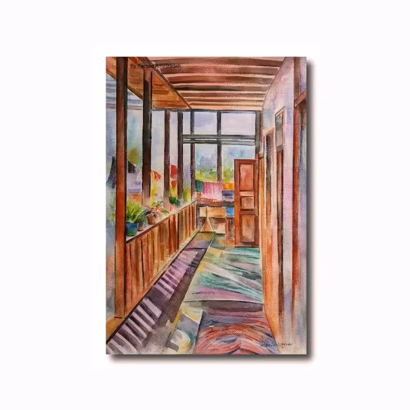 تابلو نقاشی آبرنگ ایوان خانه اثر استاد فرهاد امین زاده