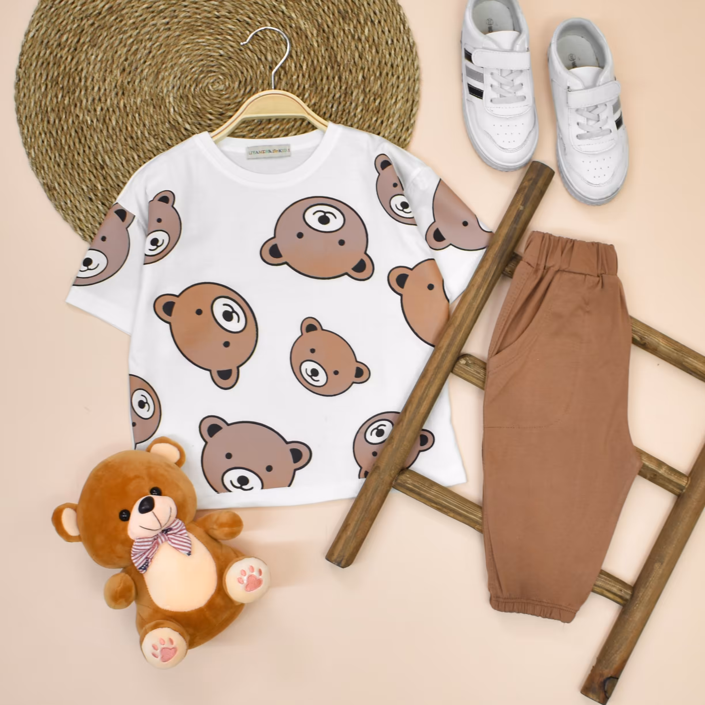 ست تیشرت شلوارک خرس قهوه ای  جنس پنبه لاکرا با کیفیت
