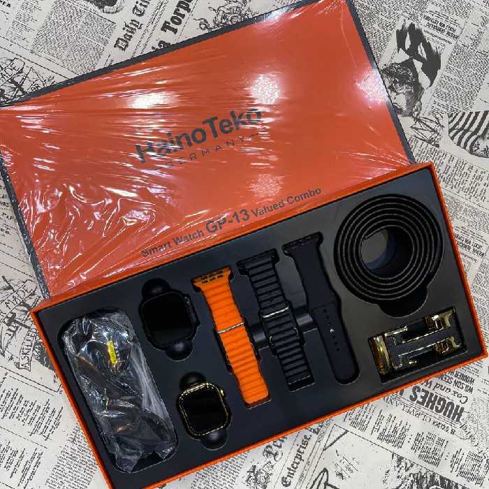 پکیج جدید لاکچری اپل واچ دو عدد ساعت به همراه بند و  کمربند چرم و عینک آفتابی برند هاینوتکو HAINOTEKO GP-13  Combo 