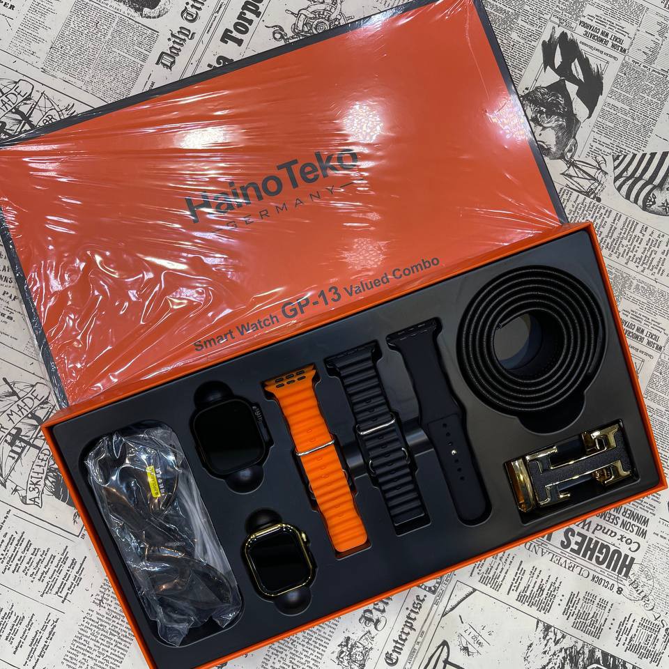 پکیج جدید لاکچری اپل واچ دو عدد ساعت به همراه بند و  کمربند چرم و عینک آفتابی برند هاینوتکو HAINOTEKO GP-13  Combo 