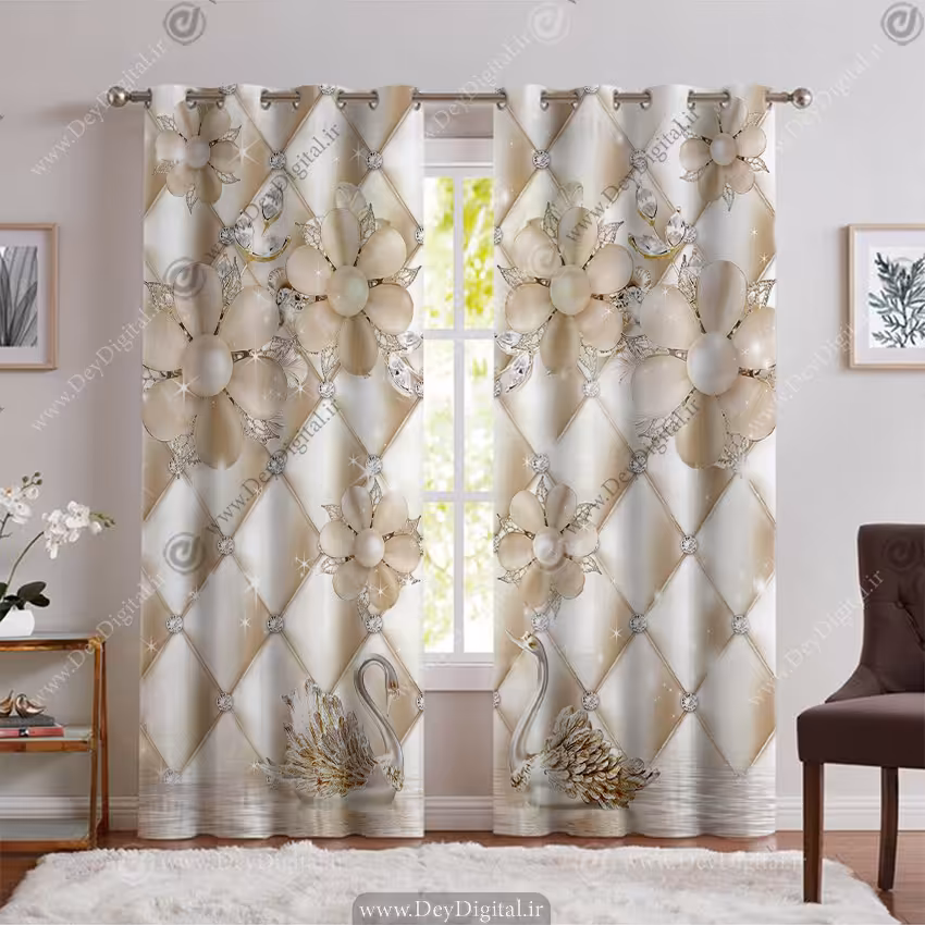 پرده شیک گل طلایی با زمینه هندسی PK-6848