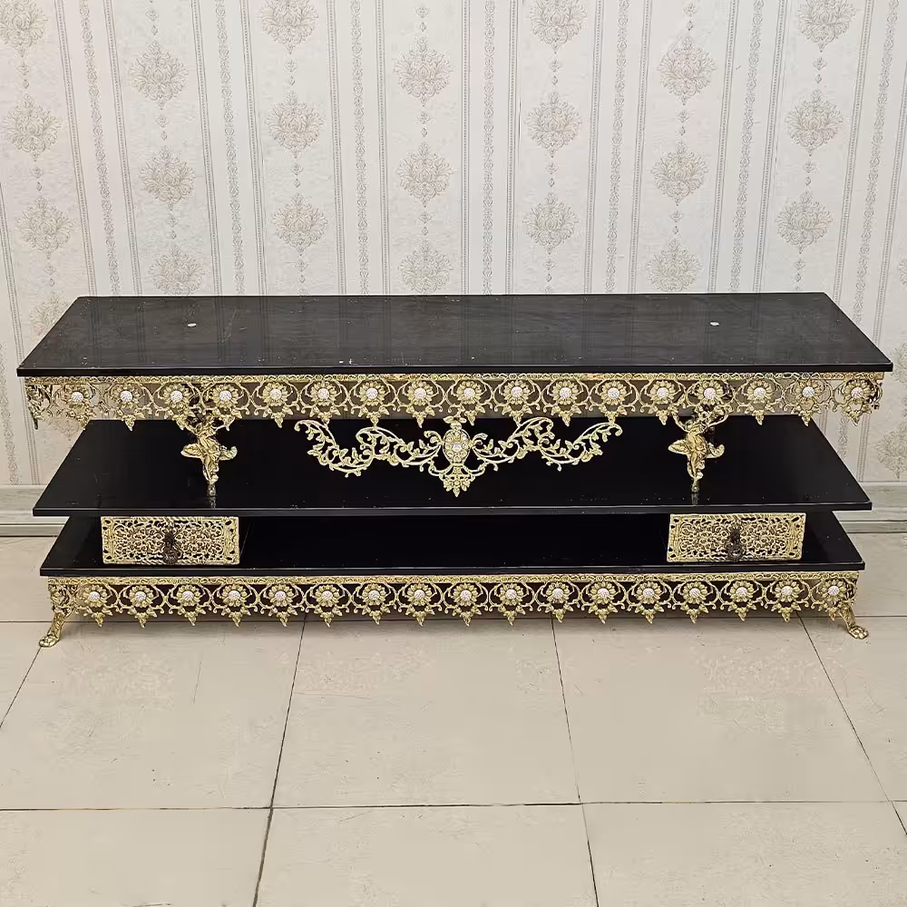 میز تلویزیون برنز مدل گل آفتابگردان بزرگ صفحه هایگلاس مشکی طول 160 کد 9318