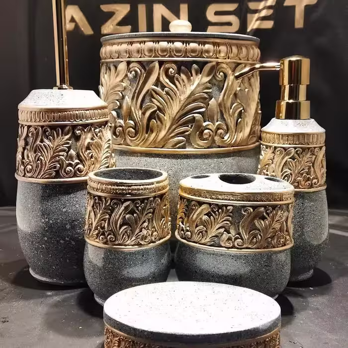 اکسسوری و ست سرویس بهداشتی مدل الماس آذین ست / رنگ طوسی طرح سنگ با طلایی/ جنس رزین درجه یک