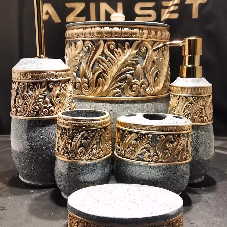 اکسسوری و ست سرویس بهداشتی مدل الماس آذین ست / رنگ طوسی طرح سنگ با طلایی/ جنس رزین درجه یک