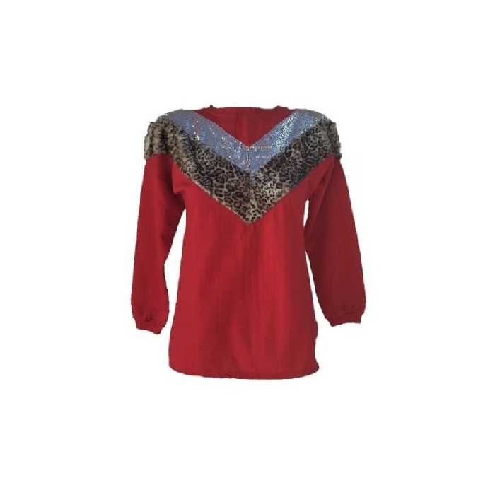 بلوز زنانه یقه گرد آستین بلند کیمونو قرمز رنگ ،با طرح پولکی و خز دار ،شیک و خوش پوش 