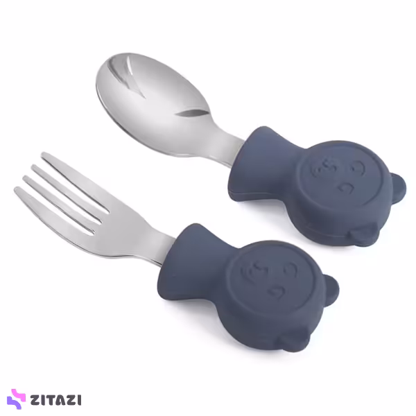 قاشق چنگال دسته سیلیکونی کودک jojobebek طرح خرس آبی تیره