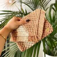 کیف مکرومه طرح کرم قهوه ای