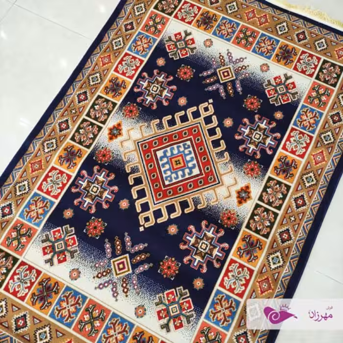 گلیم ماشینی یک در یک و نیم طرح ثریا سرمه ای