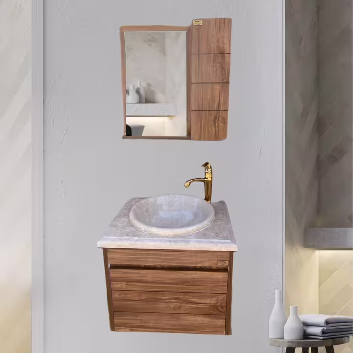 روشویی کابینتی طرح چوب دیواری سایز 50 با سنگ طبیعی توکار همراه آینه باکس