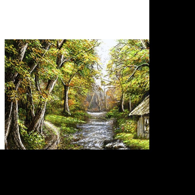 کد 23028 - نخ و نقشه کامپیوتری تابلو فرش عرشیان طرح منظره کلبه کنار رودخانه