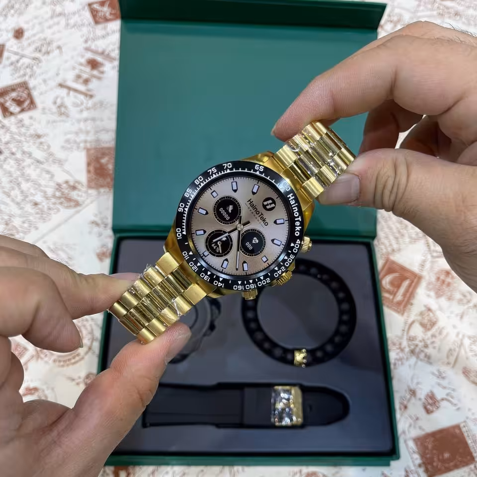 اپل واچ رولکسی طرح گرد مردانه به همراه دستبند سنگی تاج رولکسی برند هاینوتکو اورجینال فول امکانات RW-26 ساعت هوشمند 