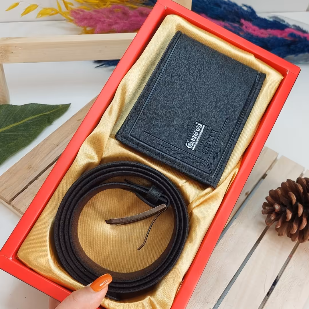 ست 2 تیکه کیف پول و کمربند  همراه با جعبه در رنگبندی مشکی عسلی و قهوه ای