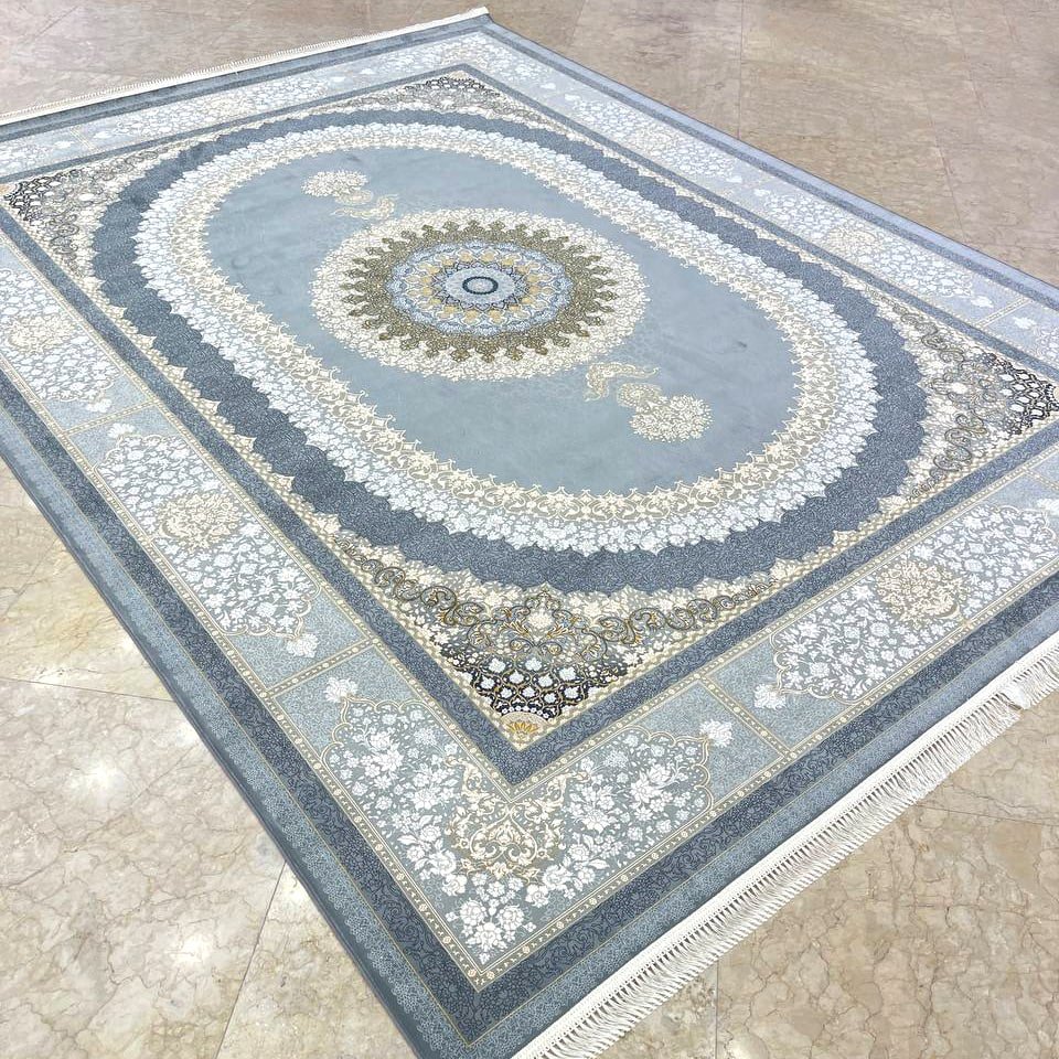 فرش اکرلیک 9 متری  1200 شانه گل برجسته طلاکوب طرح سپیده رنگ دودی