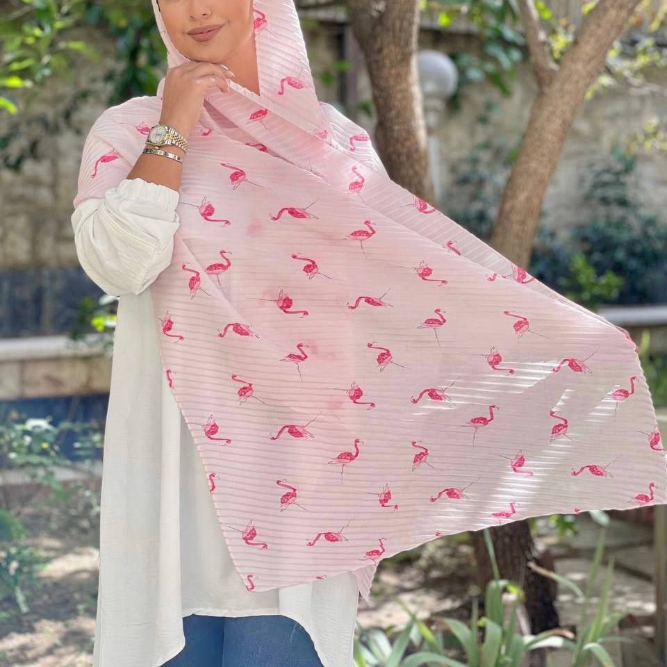 شال پلیسه فنری رنگ صورتی طرح پرنده کیفیت بالا و درجه یک ارسال رایگان r153