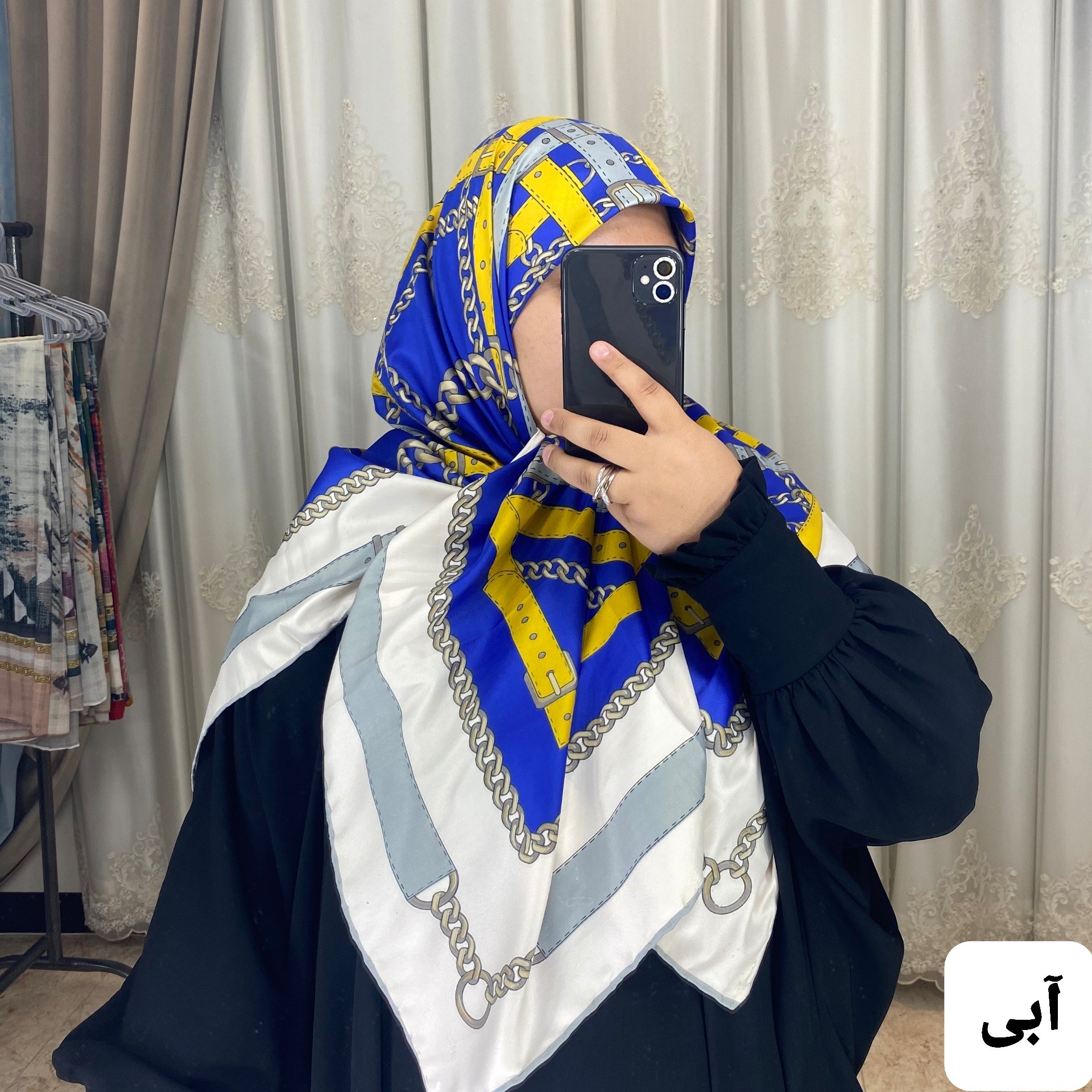 روسری ابریشم توییل طرح زنجیره قواره 120 دور دستدوز