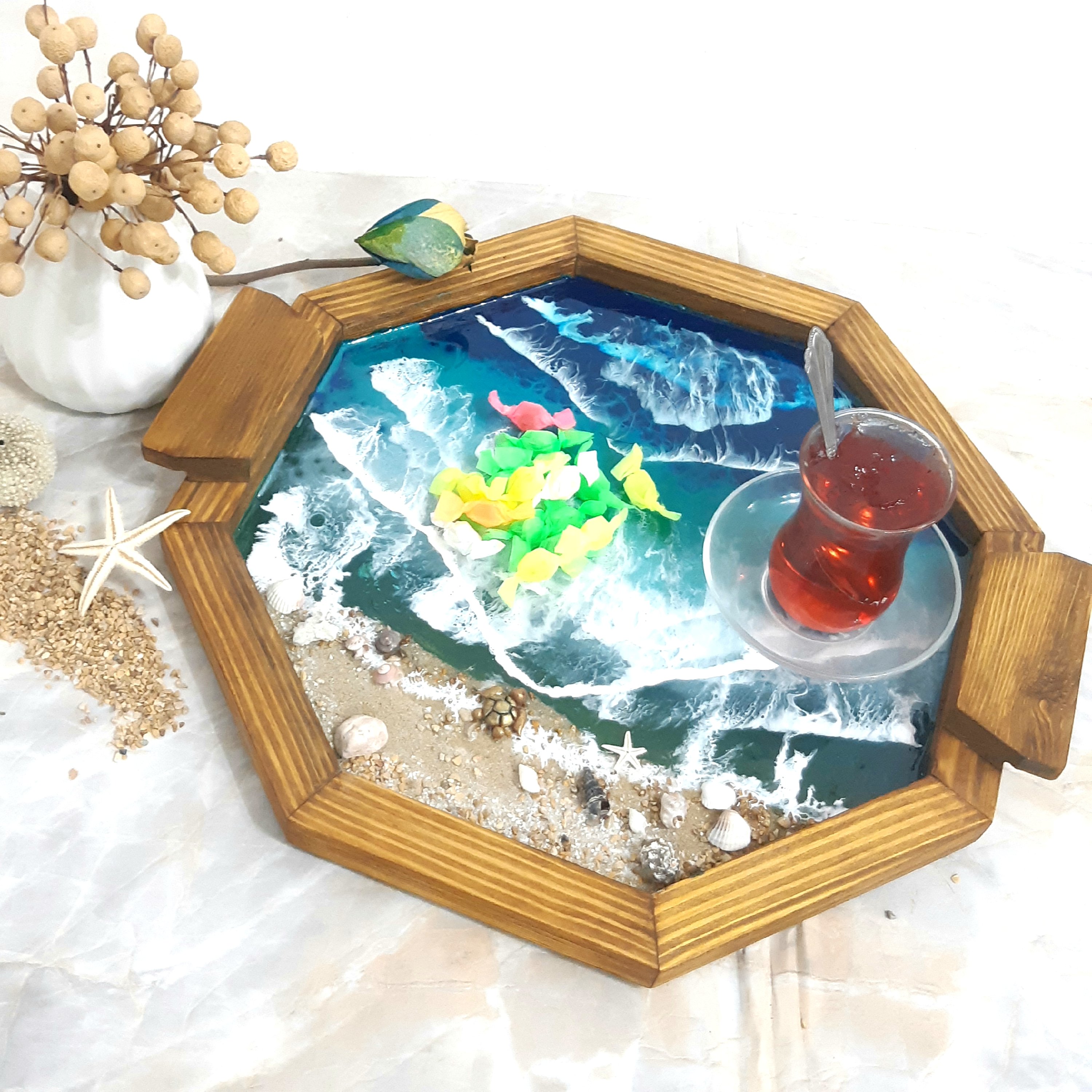 سینی چوب و رزین طرح زیبای دریا قطر 35
