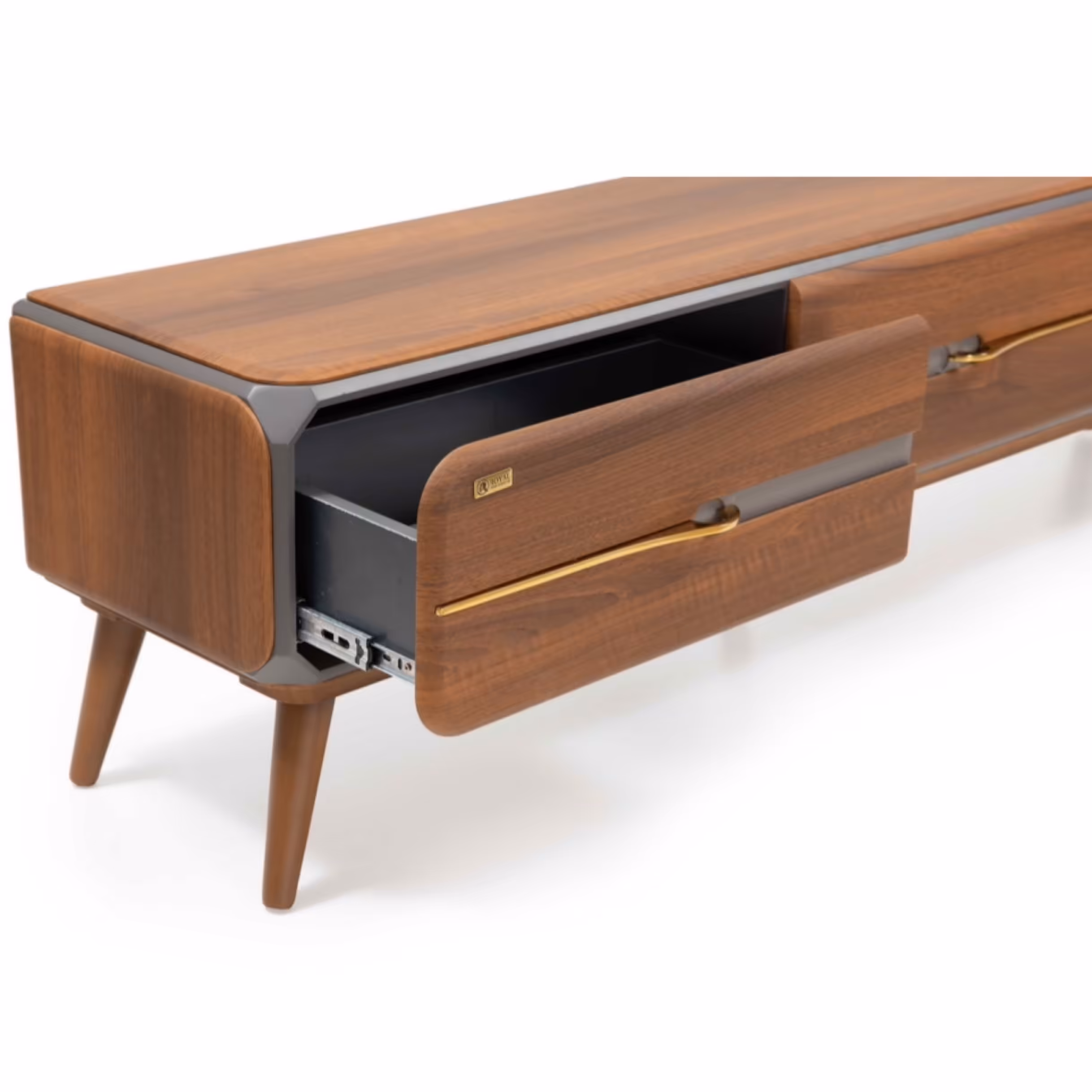 میز تلوزیون مدل 434 رنگ فندوقی دارای دو کشو و پایه های چوب سوپر راش گرجستان