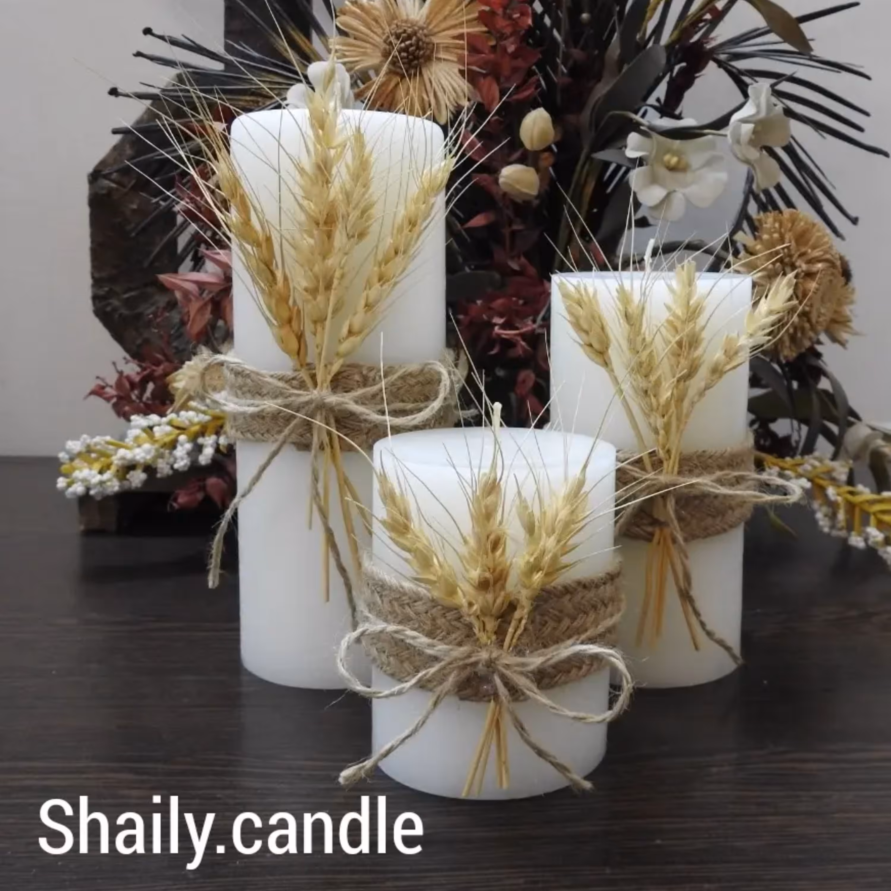 ست شمع استوانه با تزئین گندم رنگ سفید