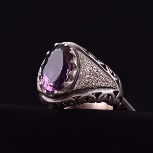 انگشتر مردانه آمیتیست معدنی خوشرنگ اصل ( انگشتر نقره مردانه )