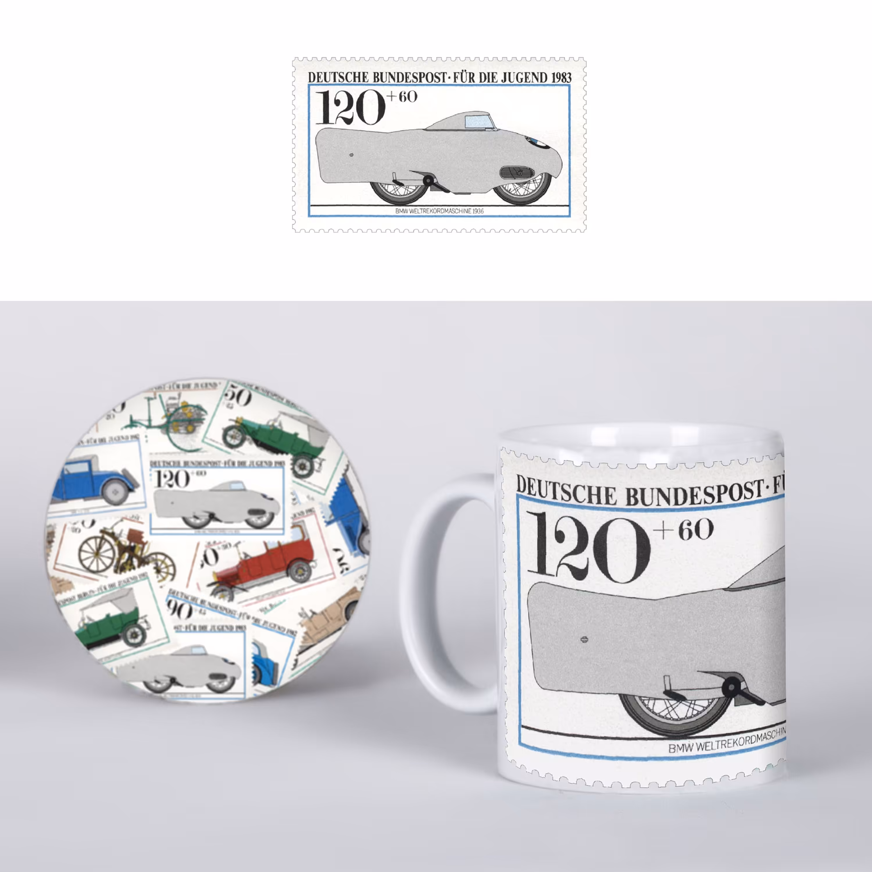 ماگ سرامیکی و زیرلیوانی طرح تمبر ماشین طوسی