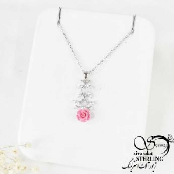 گردنبند نقره گل رز صورتی