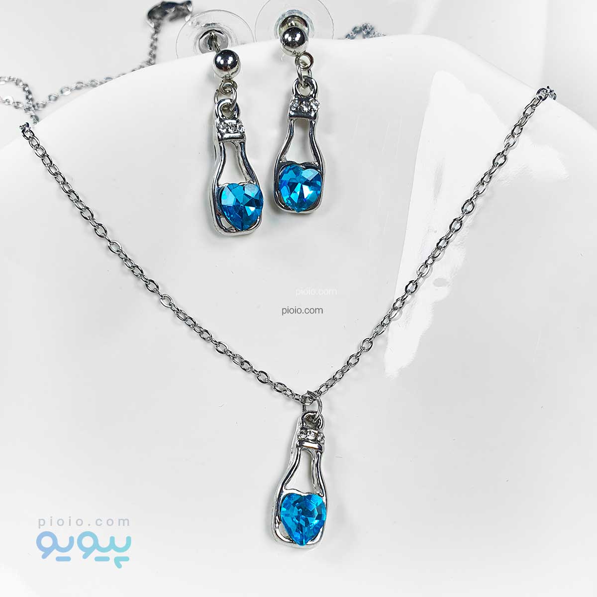 نیم ست گردنبند و گوشواره نقره ای قلبی آبی
