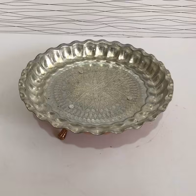 سینی مسی پایه دار کنگره ای داخل قلع شده(سفیدشده) نانو شده