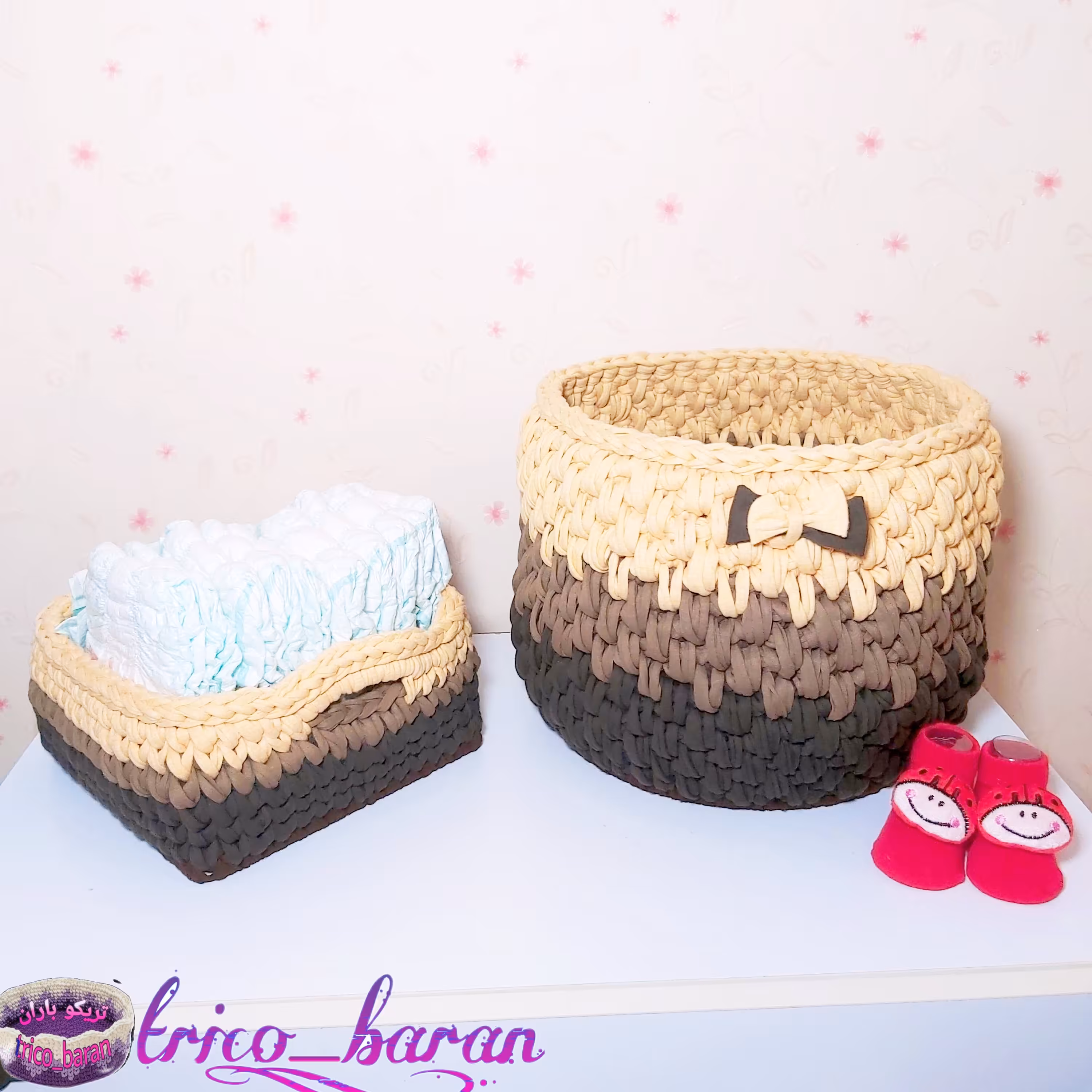 سبدتریکو لباس یا اسباب بازی  دستبافت سایز 25 + سبد پوشک سایز 20