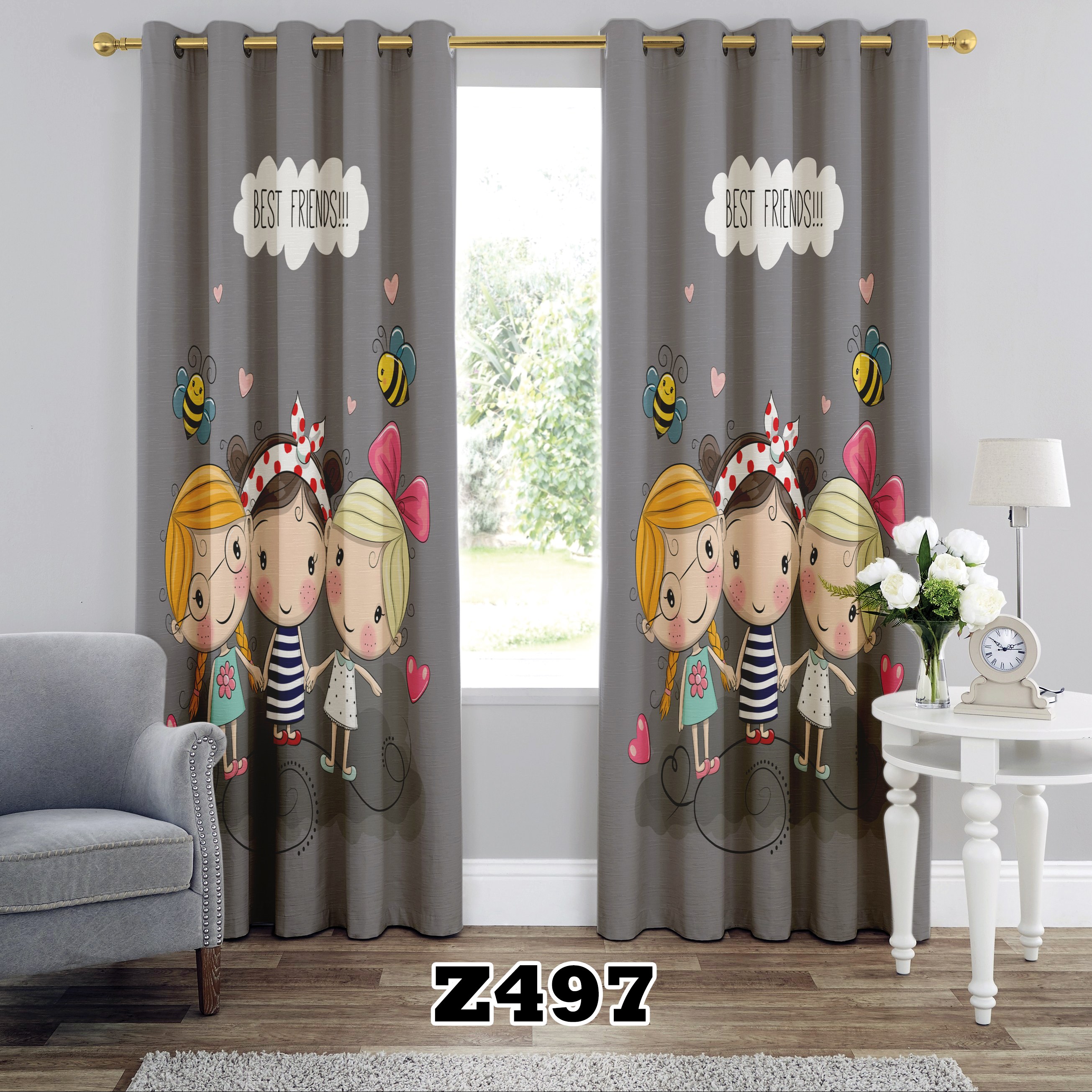 پرده اتاق خواب چاپی طرح دخترانه کد Z497 تک قواره اتفاع 300 عرض 140 سانت