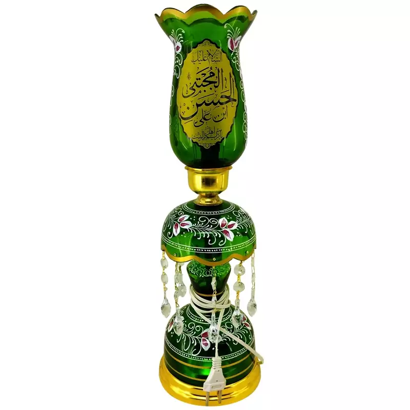 103267-لاله شمعدانی کوچک ارتفاع 46 قطر دهانه 11-سبز یا اباالفضل العباس ع و یا حسن مجتبی ع-کنار منبری هیئت