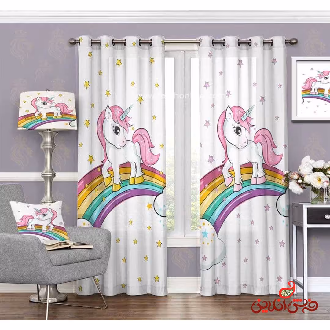 پرده 2عددی کودک طرح اسب تک شاخ کد 3180