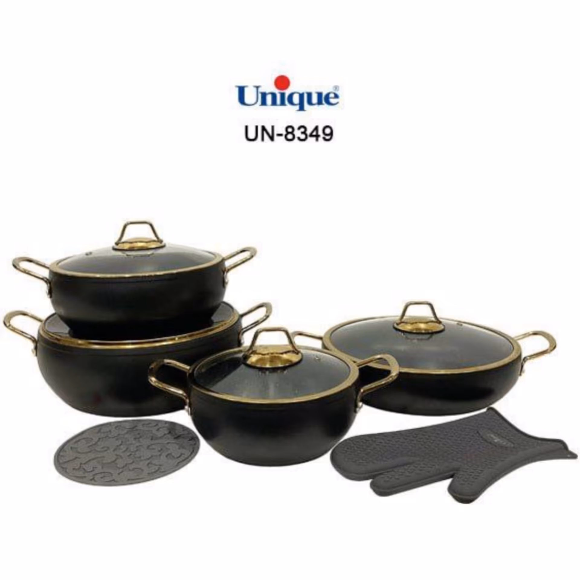 سرویس قابلمه 8 پارچه مشکی
خمره ای با دستکش و زیر قابلمه ای یونیک
کد  8349