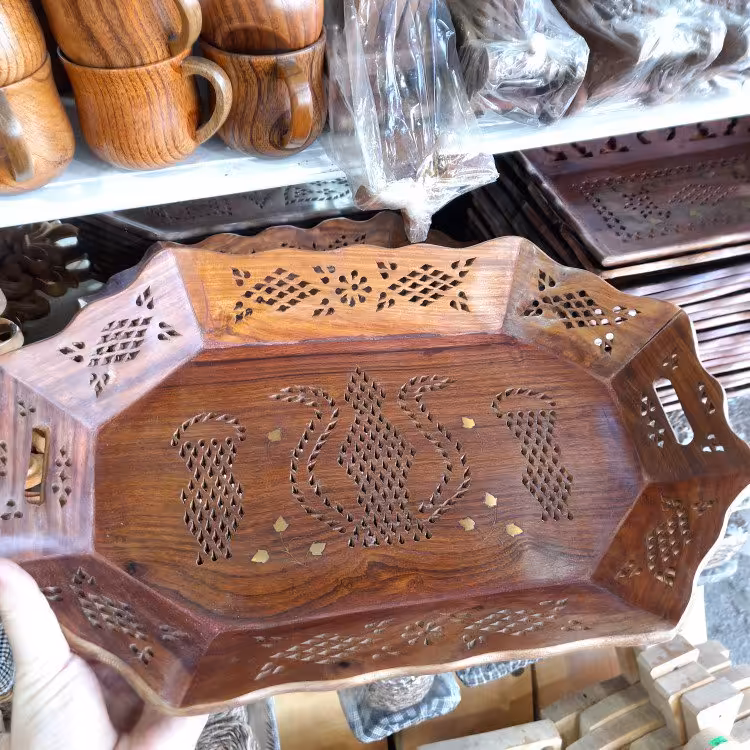 سینی پذیرایی چوبی برنجکوب شده 