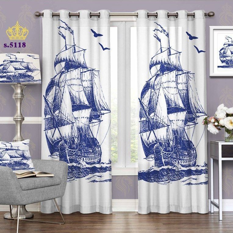 پرده پذیرایی دو قواره پانچ طرح نقاشی کشتی کد S5118