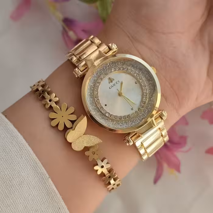   ست ساعت و دستبند  دخترانه ساعت گوچی رنگ ثابت قاب و بند فلزی