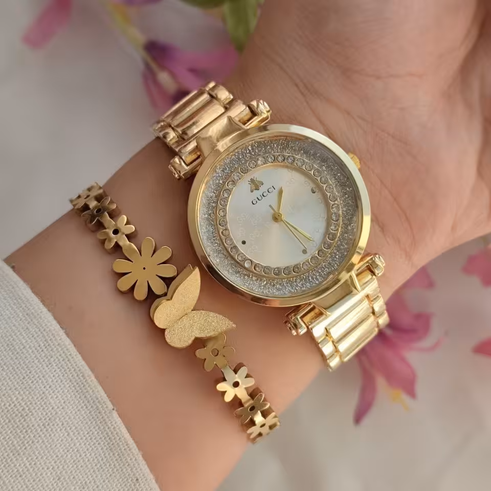   ست ساعت و دستبند  دخترانه ساعت گوچی رنگ ثابت قاب و بند فلزی